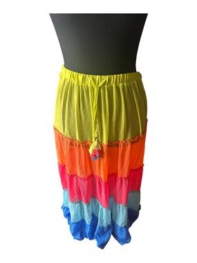 Bleu Rod Beattie Rainbow Tiered Maxi Skirt Beach Cover-Up Size M Boho Colorful